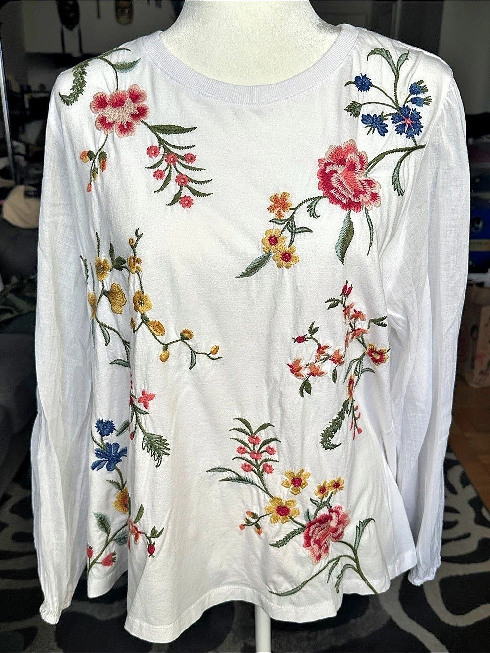 Johnny Was Floral Embroidered Long Sleeve Top with sheer long cinched bottom sle